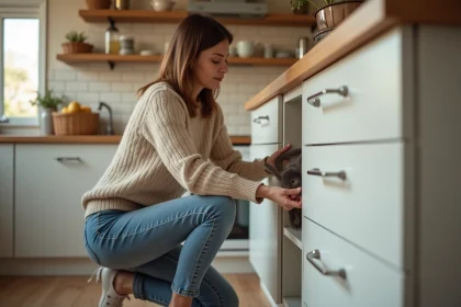Femme posant un piège à souris dans une cuisine moderne