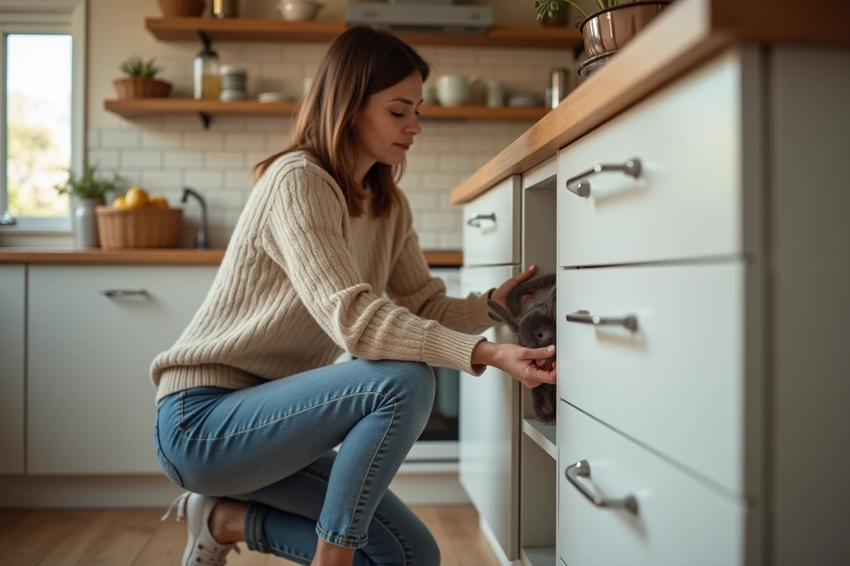 Femme posant un piège à souris dans une cuisine moderne