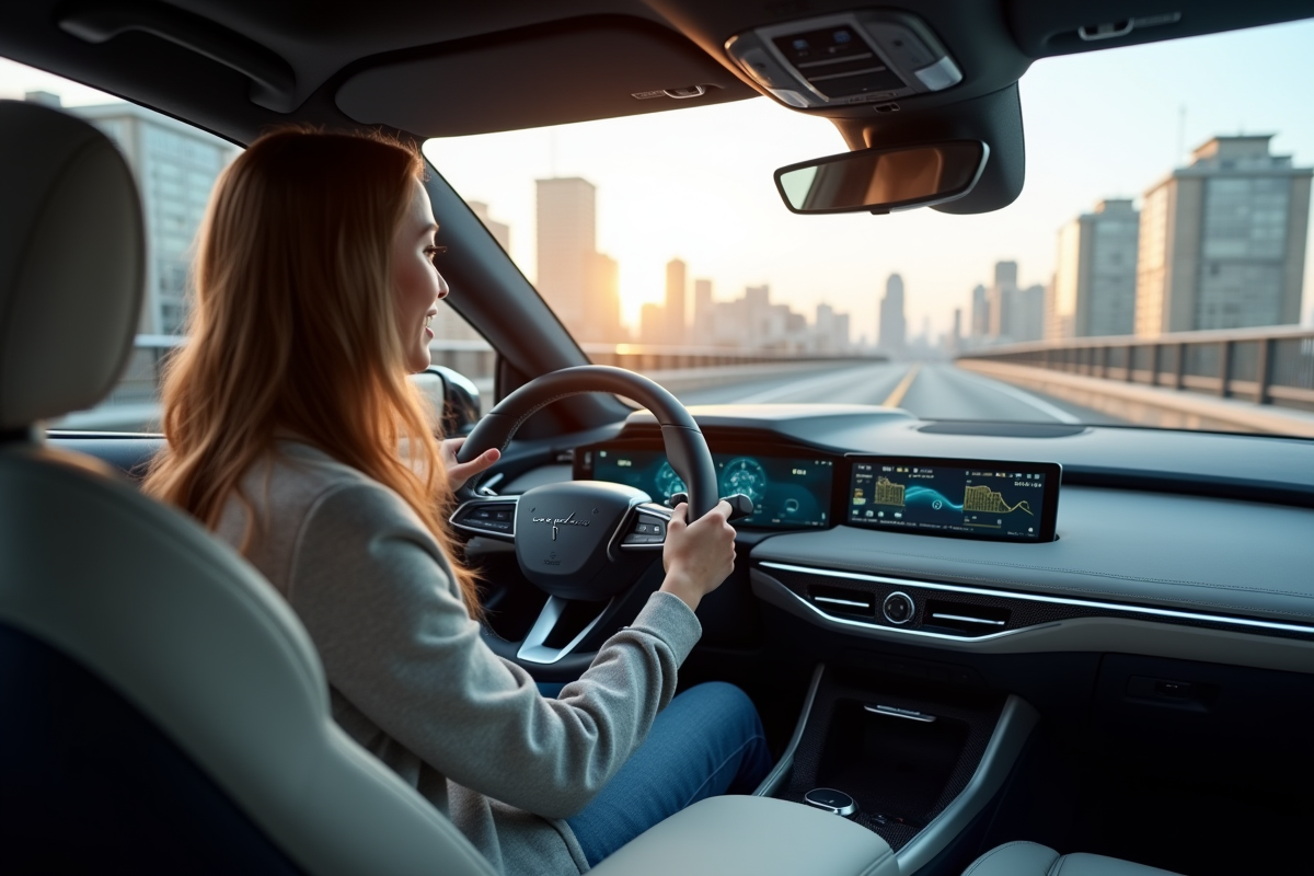 Jeune femme utilisant un tableau de bord dans une voiture autonome moderne