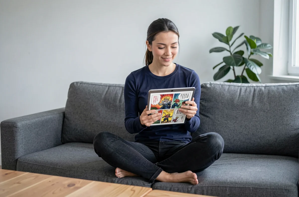 Femme lisant un scan manga sur tablette dans un salon scandinave moderne, illustration de suivi de l'arc Egghead One Piece