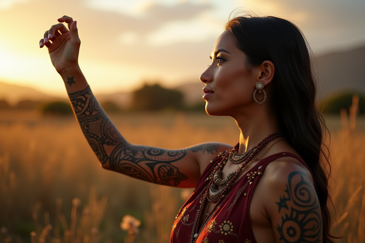Femme Maori en profil avec tatouages sur le bras en extérieur