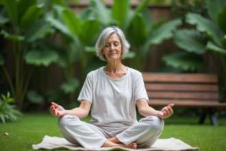 Femme méditant dans un jardin verdoyant