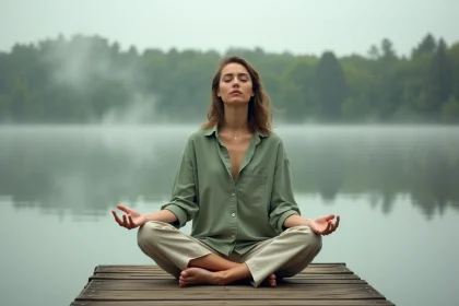 Femme méditant sur un ponton en bois au bord d'un lac brumeux, illustrant la pleine conscience et le carpe diem pour apaiser l'angoisse du futur