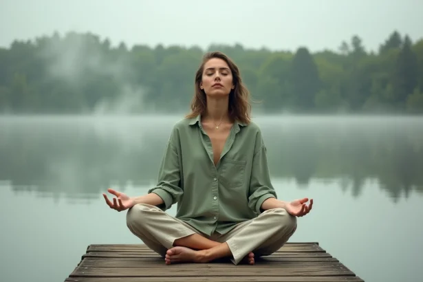 Femme méditant sur un ponton en bois au bord d'un lac brumeux, illustrant la pleine conscience et le carpe diem pour apaiser l'angoisse du futur