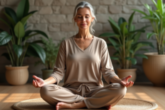 Femme méditant en position croisée dans un cadre intérieur apaisant