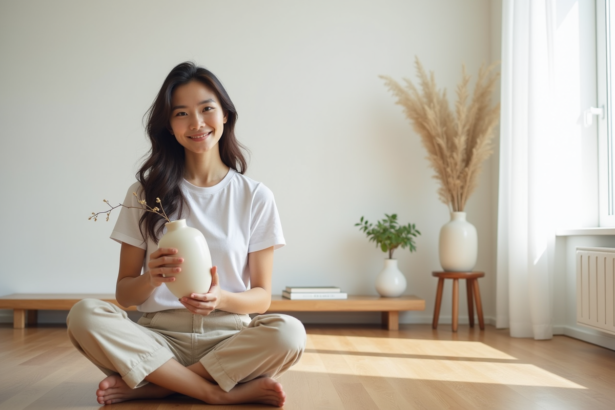 Jeune femme en blanc et beige arrange un vase dans un salon minimaliste