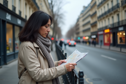 Femme lisant une carte à Paris près des barricades olympiques