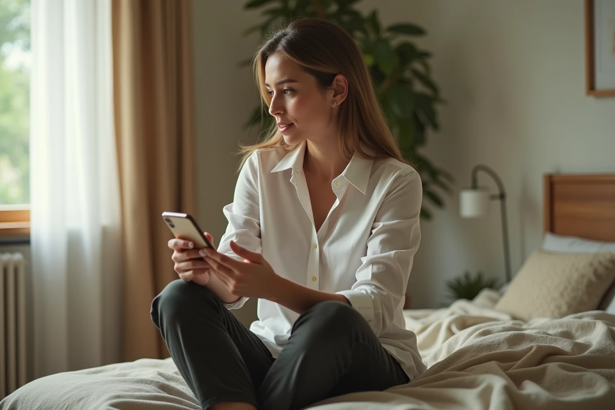 Femme pensive assise sur un lit, tenant son téléphone, réflexion sur le respect dans une relation de couple