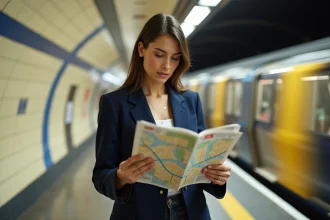 Femme consultant un plan de la ligne de métro 9 sur le quai d'une station parisienne