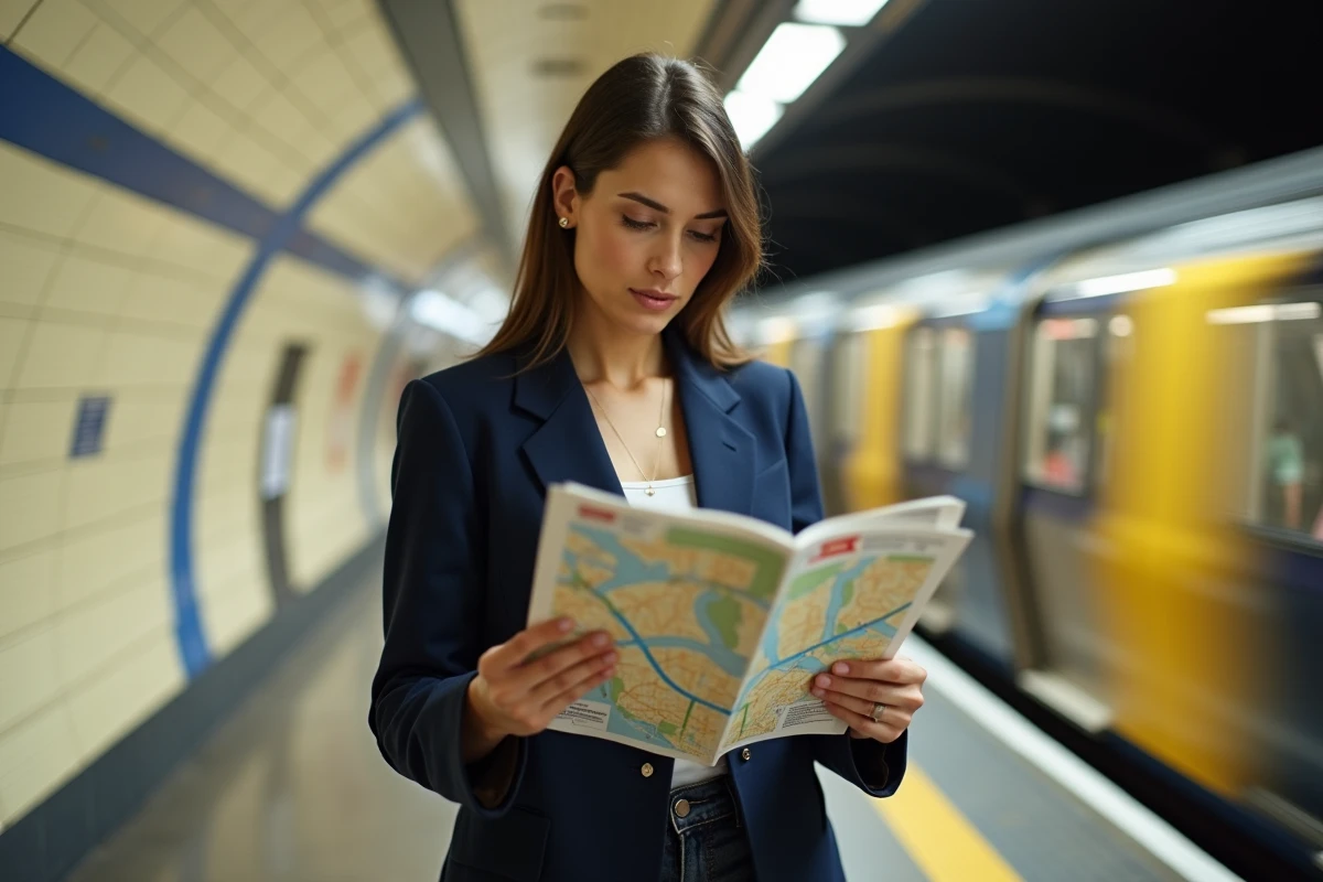 Femme consultant un plan de la ligne de métro 9 sur le quai d'une station parisienne