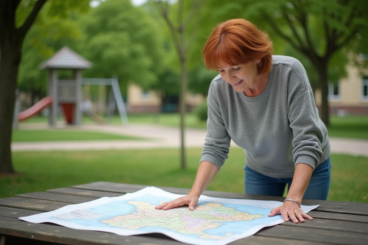 Femme regardant une carte de France en plein air