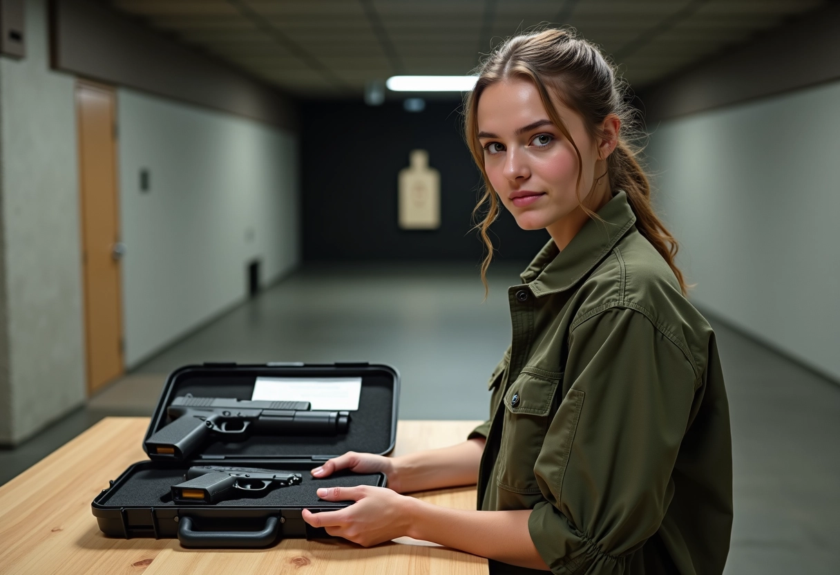 Jeune femme avec munition et pistolet à l indoor