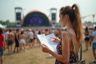 Jeune femme consultant le programme papier du festival Vieilles Charrues dans un camping festival en plein air