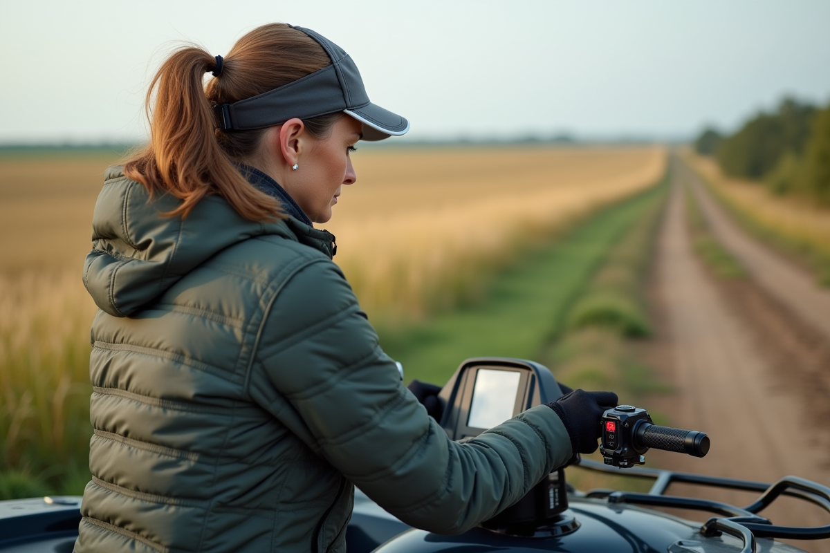 Femme inspectant le tableau de bord d’un quad en campagne