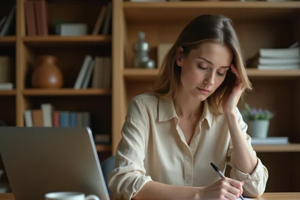 Femme qui reformule un texte manuscrit à son bureau avec un cahier et un ordinateur portable, dans un bureau à domicile chaleureux