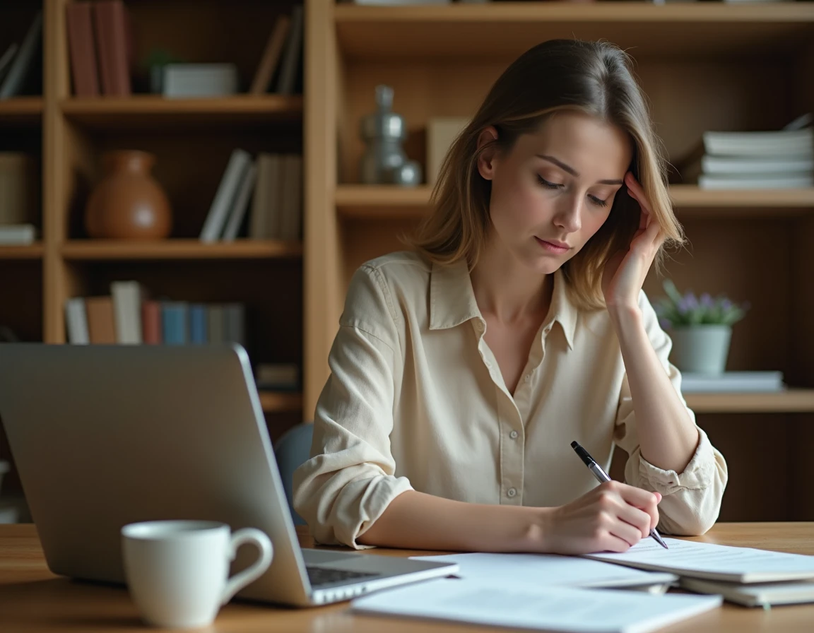 Femme qui reformule un texte manuscrit à son bureau avec un cahier et un ordinateur portable, dans un bureau à domicile chaleureux
