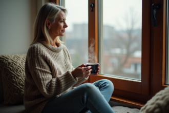 Femme méditative avec tasse de thé dans un salon