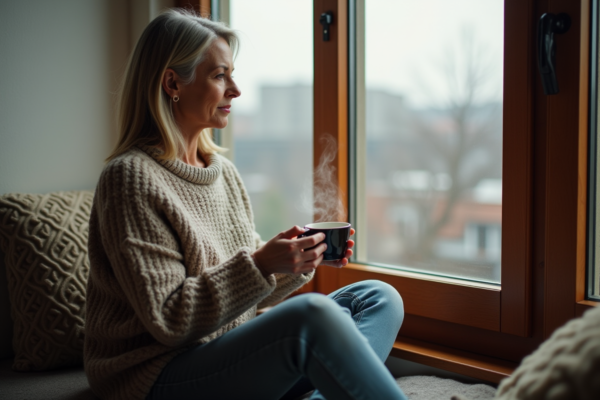 Femme méditative avec tasse de thé dans un salon