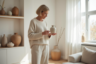 Femme scandinave arrangeant des vases en céramique dans un salon lumineux