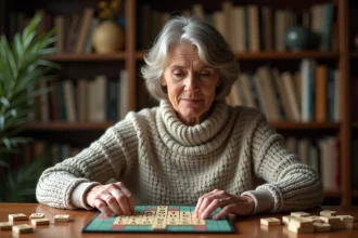 Femme jouant au Scrabble avec des lettres W et Z sur un plateau en bois dans une cuisine chaleureuse