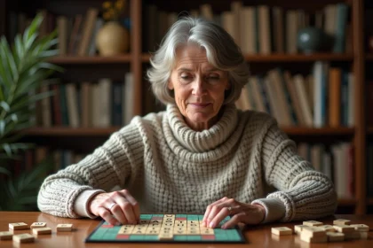 Femme jouant au Scrabble avec des lettres W et Z sur un plateau en bois dans une cuisine chaleureuse