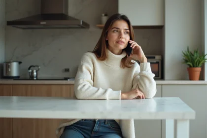 Femme assise dans la cuisine parlant au smartphone