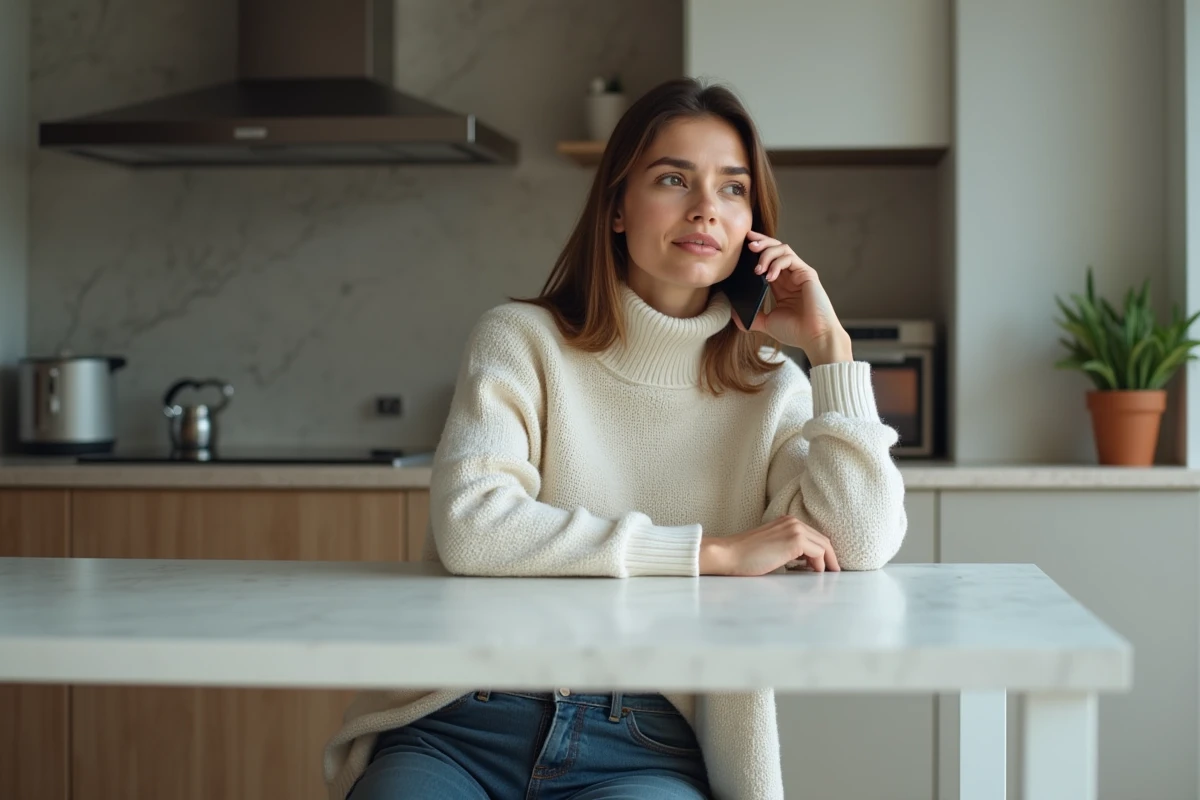 Femme assise dans la cuisine parlant au smartphone