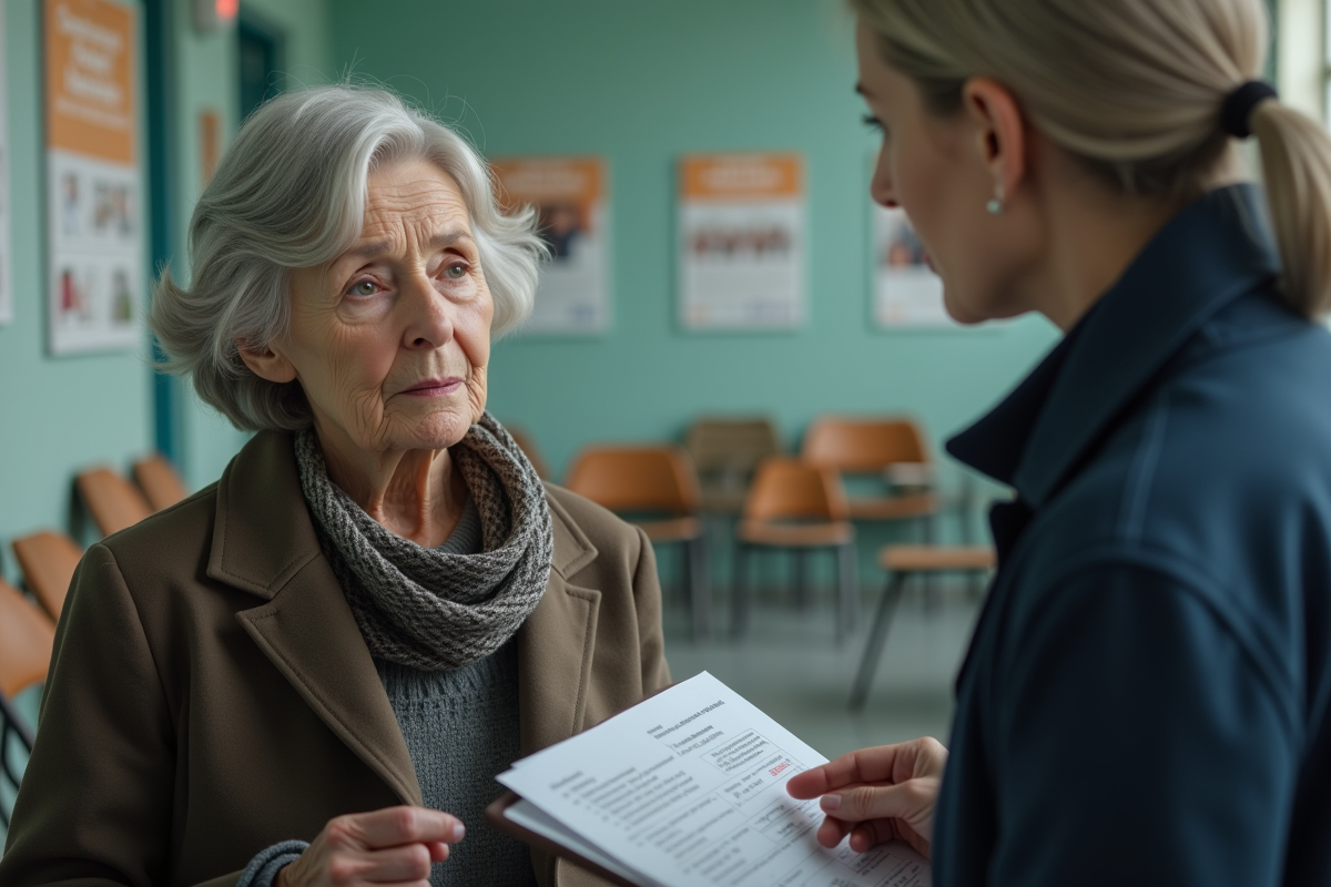 Femme senior avec formulaire santé lors d'une consultation