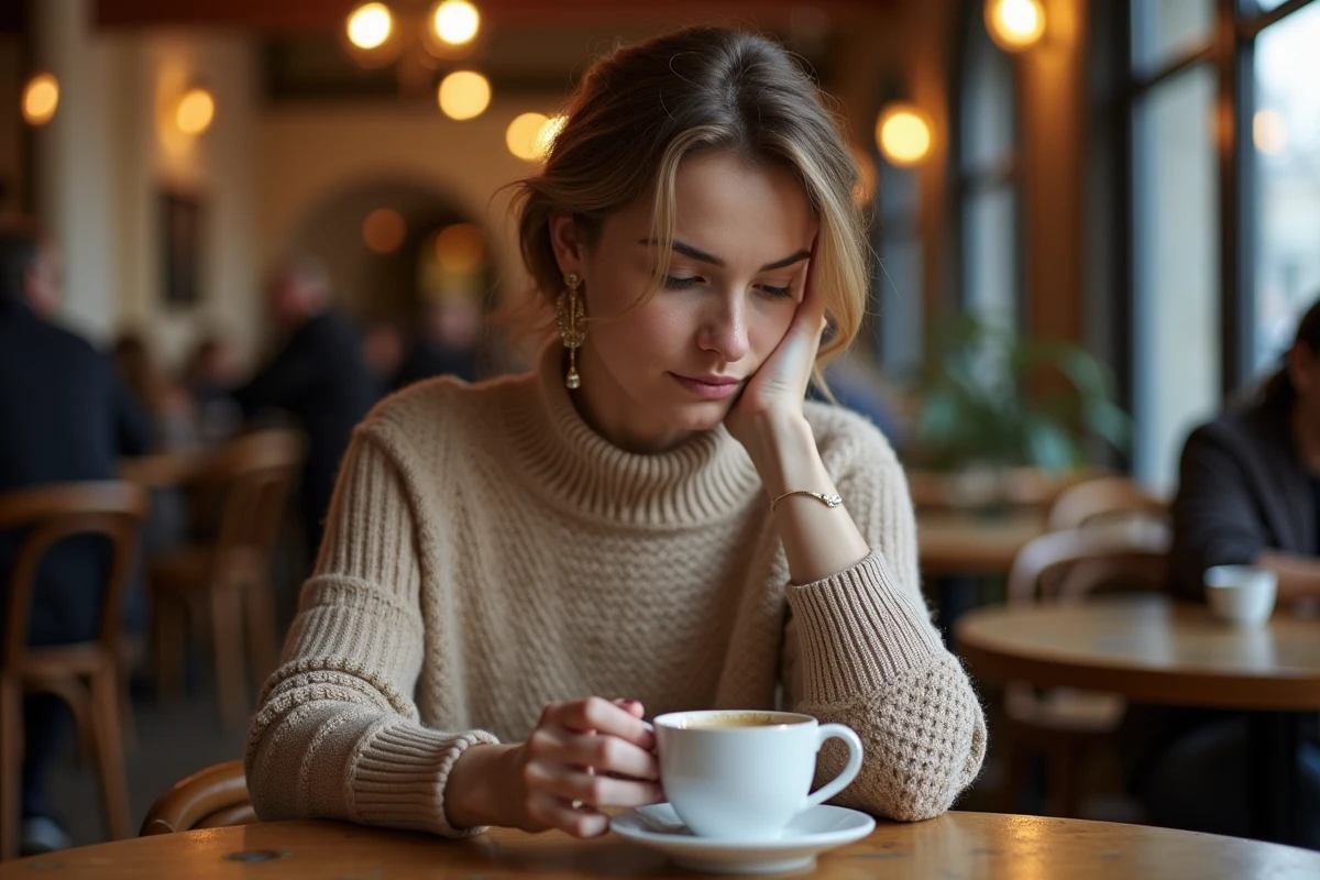 Femme seule dans un café parisien, pensive, illustrant le manque de respect en couple