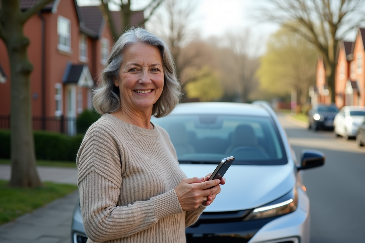 Femme souriante avec voiture électrique dans un quartier résidentiel
