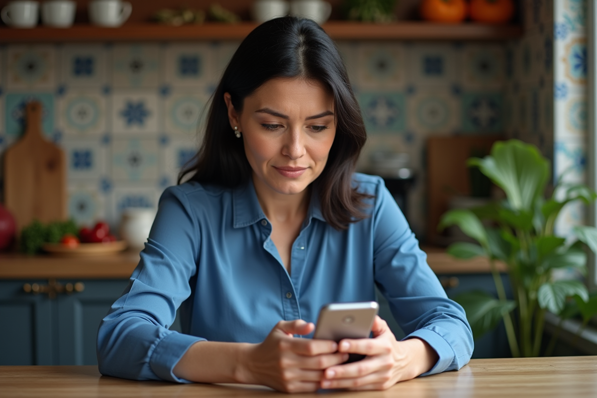 Femme d'âge moyen utilisant son smartphone en cuisine italienne