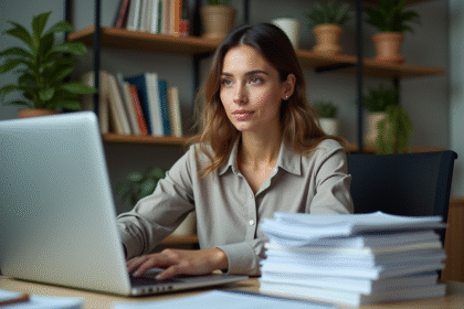 Femme traductrice concentrée au bureau avec documents et ordinateur
