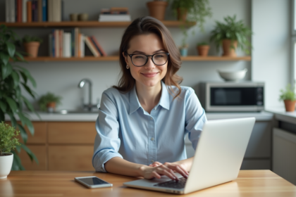 Jeune femme au travail à la maison avec ordinateur