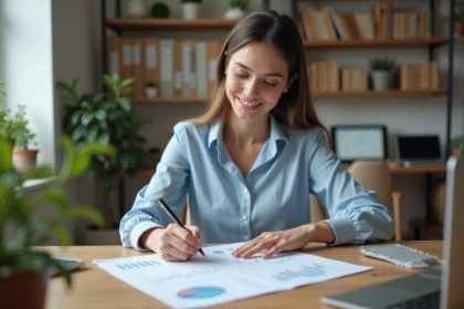 Jeune femme étudie des graphiques financiers dans un bureau