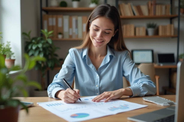 Jeune femme étudie des graphiques financiers dans un bureau
