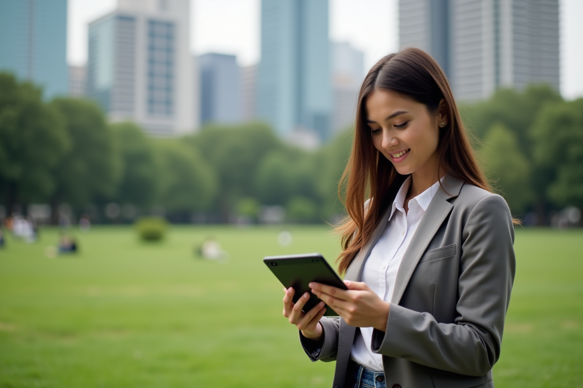 Jeune femme en ville regardant ses esquisses sur tablette