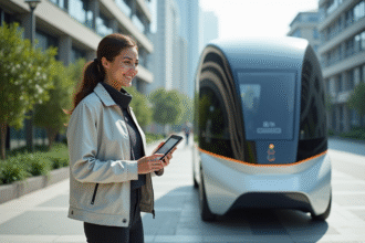 Jeune femme avec tablette et véhicule autonome futuriste