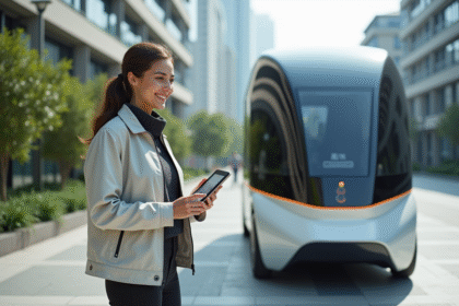 Jeune femme avec tablette et véhicule autonome futuriste
