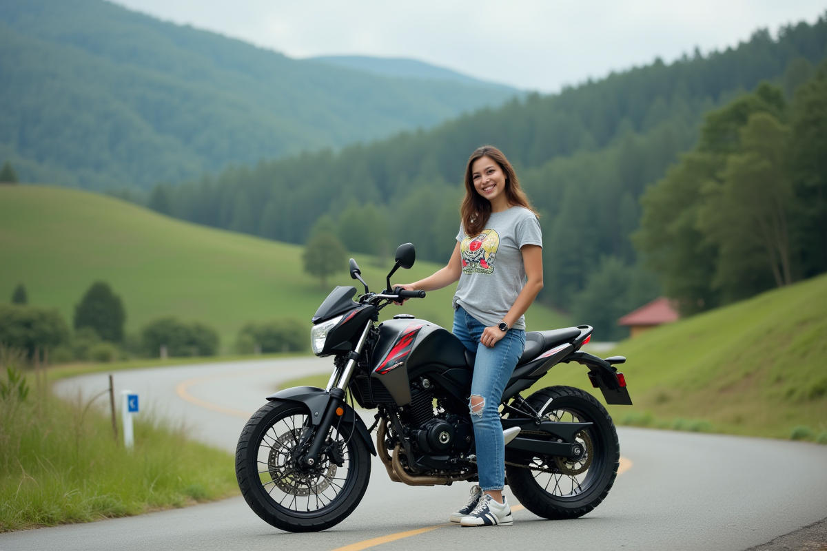Femme pose avec sa Honda Dax sur une route de campagne