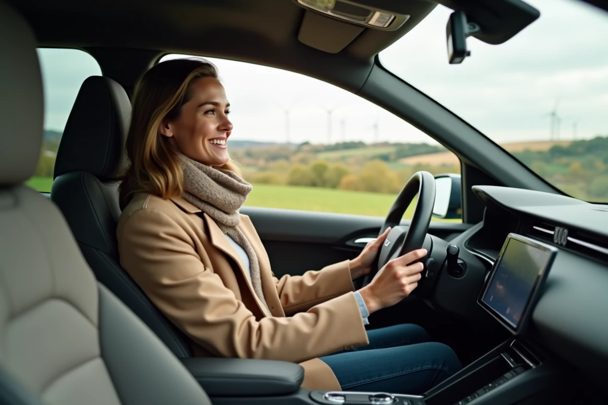 Jeune femme dans une voiture hydrogene en campagne