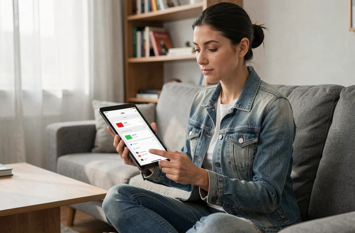 Femme utilisant une application VPN sur une tablette pour contourner le blocage d'un site par son fournisseur d'accès internet