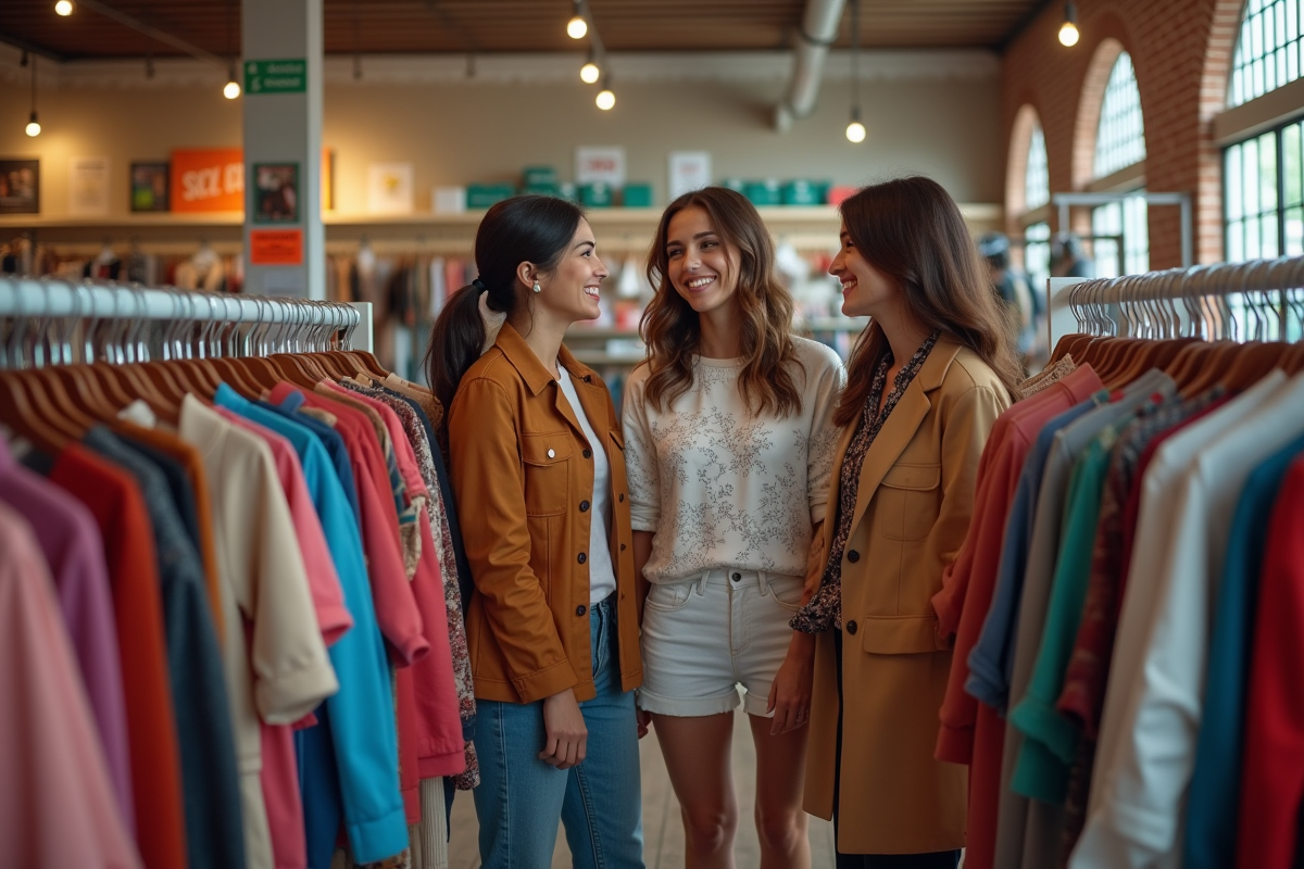 Trois femmes souriantes dans une boutique de seconde main
