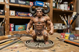 Figurine de Minotaure en résine peinte à la main sur un établi d'atelier entouré d'outils de modélisme