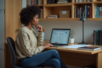 Jeune femme étudiante assise à son bureau dans une chambre