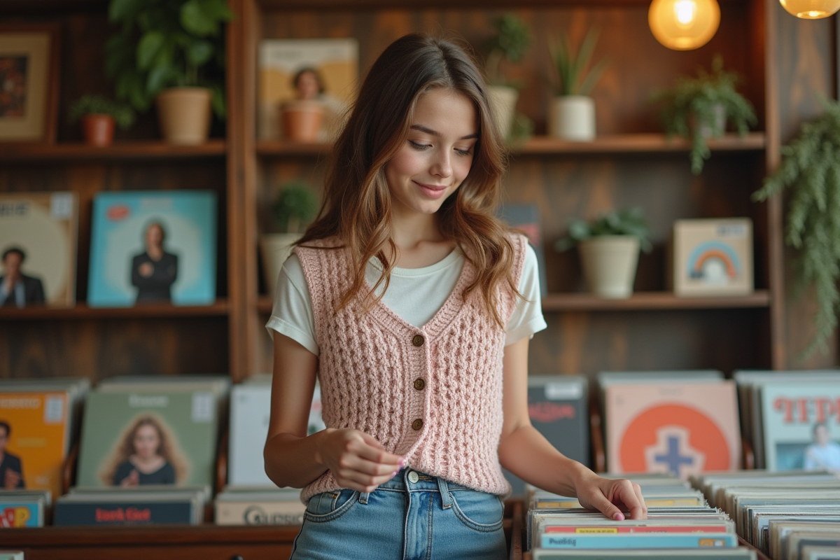 Jeune fille cherchant des vinyles dans une boutique cosy