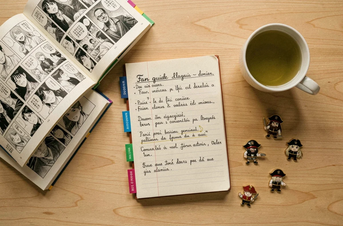 Flat lay de volumes manga One Piece ouverts, carnet de notes annoté et accessoires de fan sur une table en chêne clair