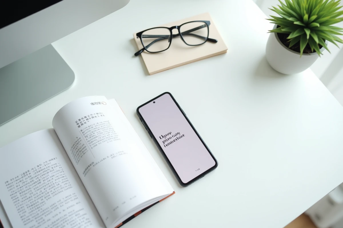 Flat lay d'un manga ouvert, d'un smartphone avec conditions légales et notes manuscrites sur la lecture de scans yaoi en France