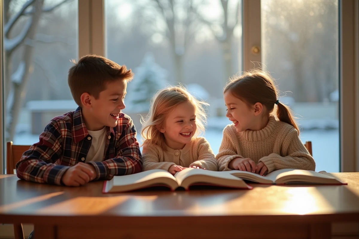 Trois frères et sœurs lisant des poèmes ensemble