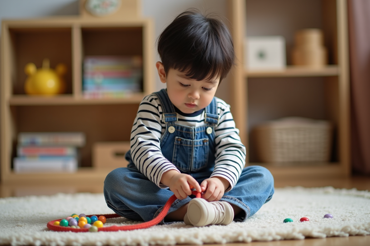Jeune garçon faisant un collier de perles colorées