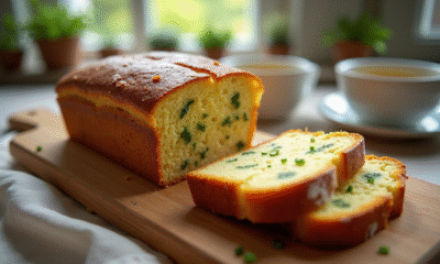 Gâteau de courgette et feta tranché sur planche en bois
